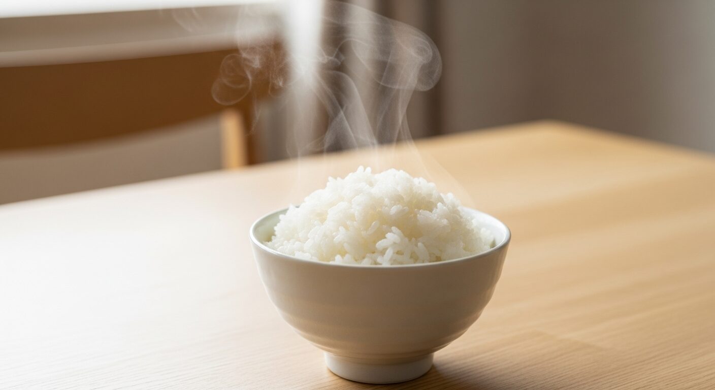 炊きたての白ご飯をよそった茶碗と湯気