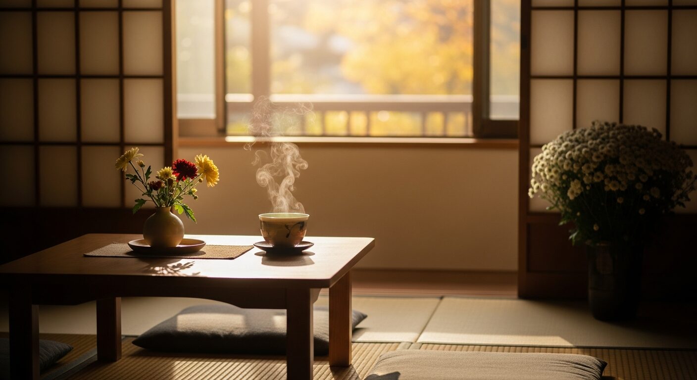 敬老の日をイメージした秋の温かい窓辺と季節の花