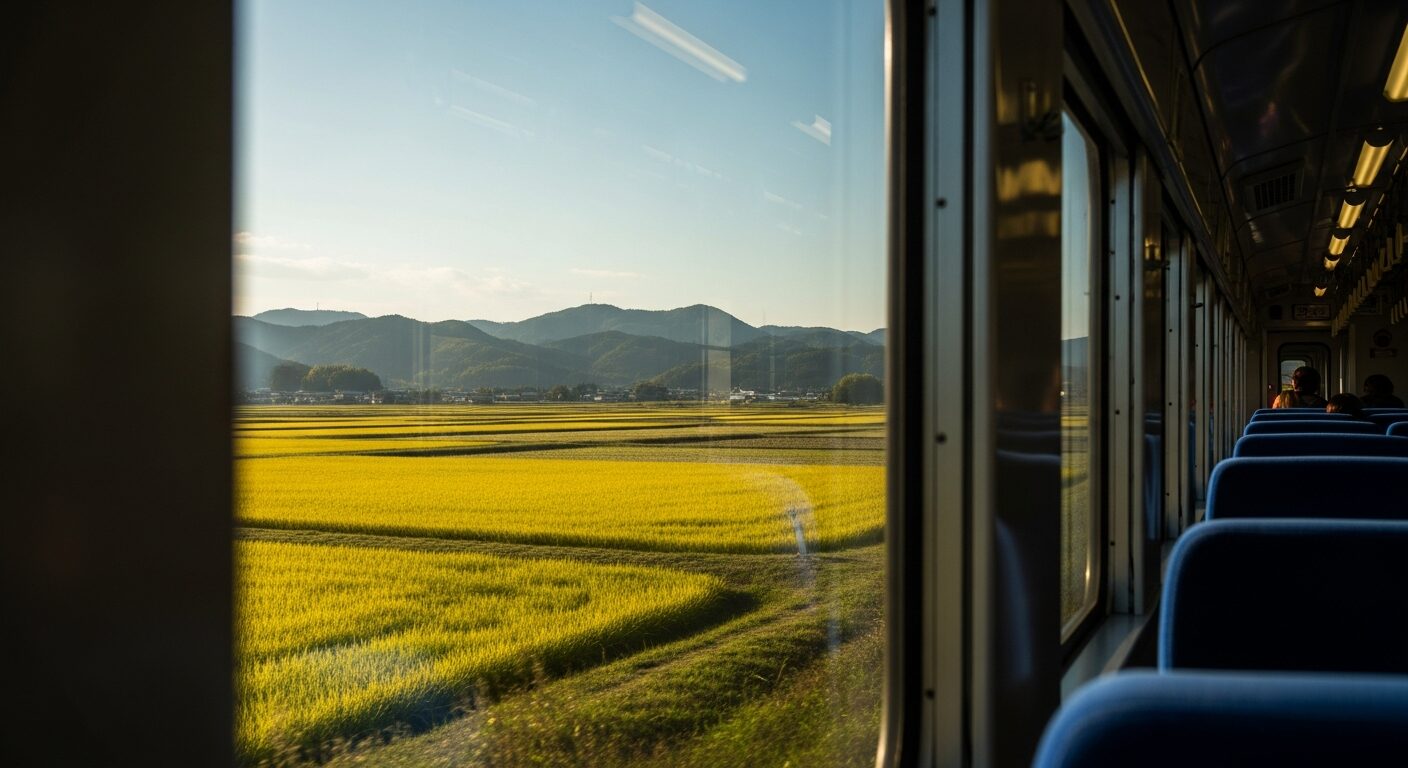 列車の窓から眺める秋の日本の田舎の風景