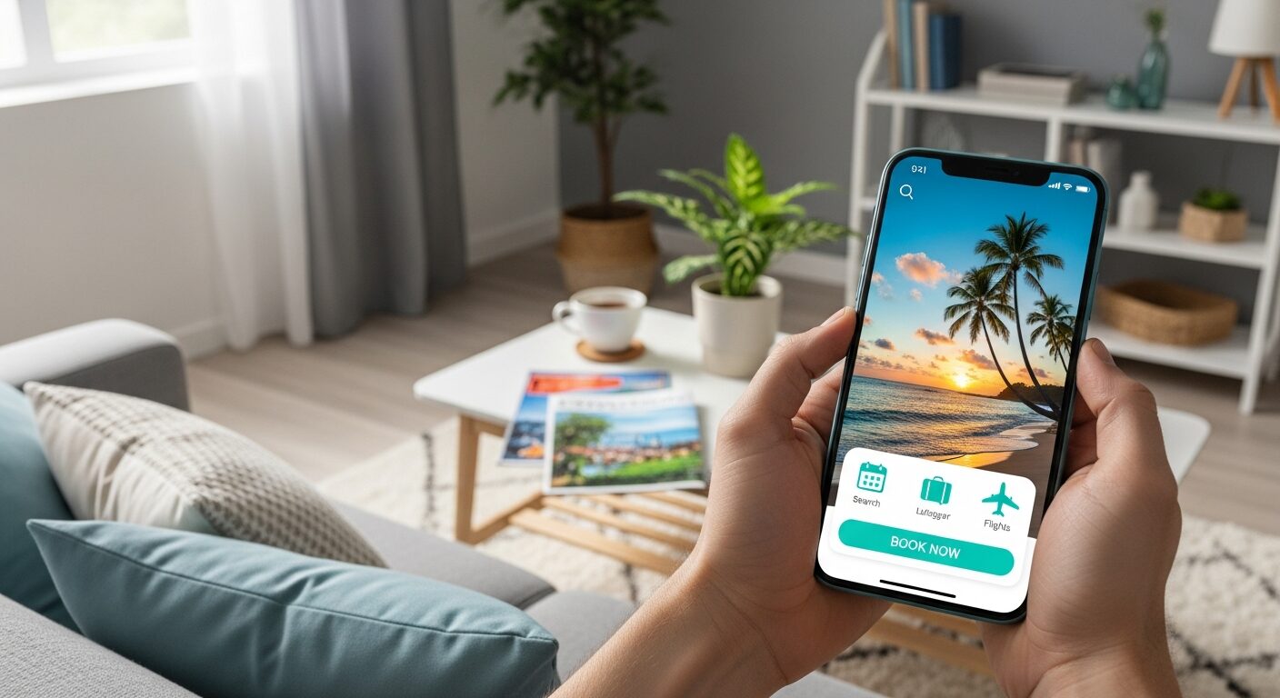 スマホアプリで旅行を予約する明るい情景