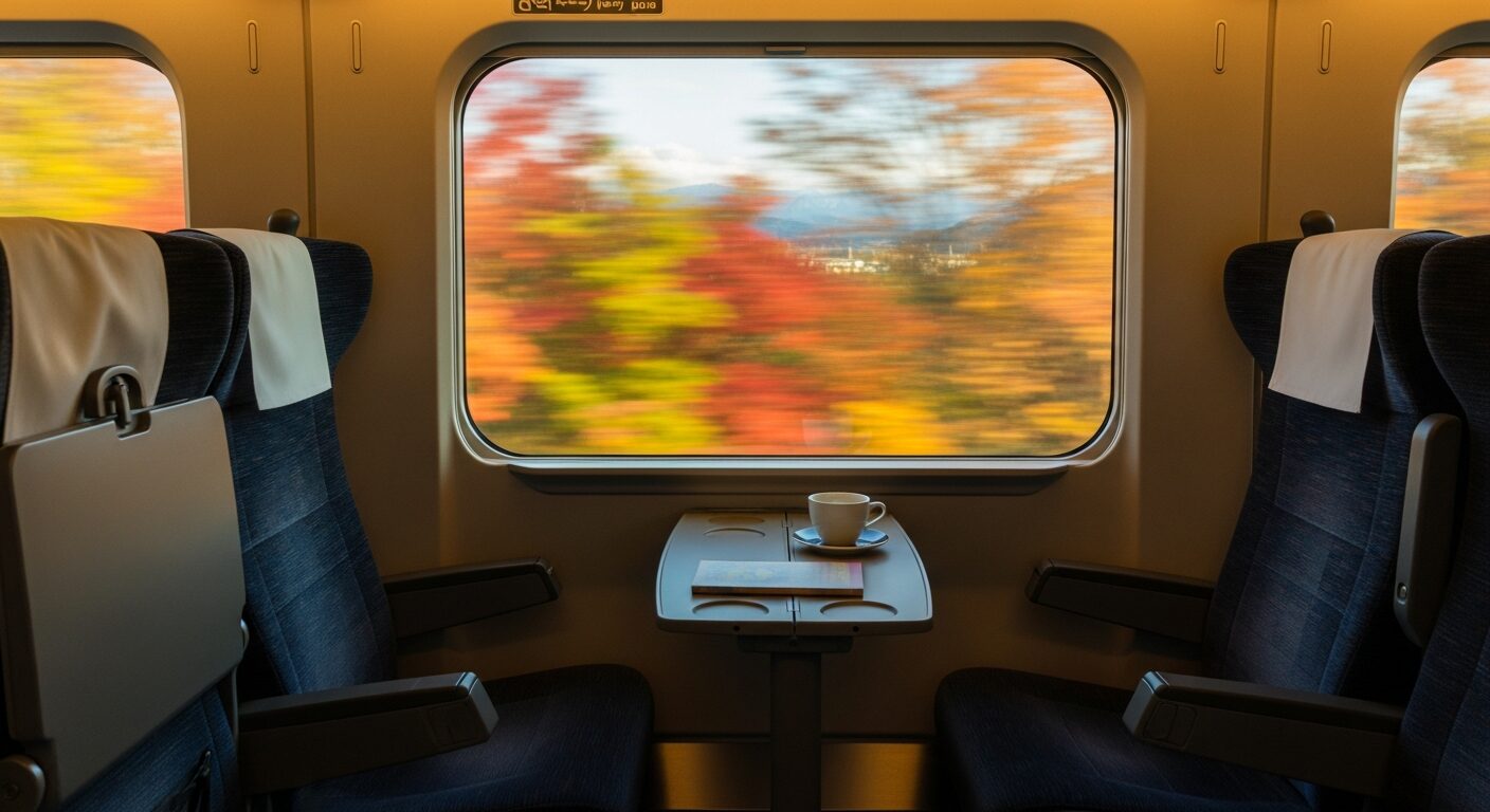 秋の車窓が見える新幹線の車内