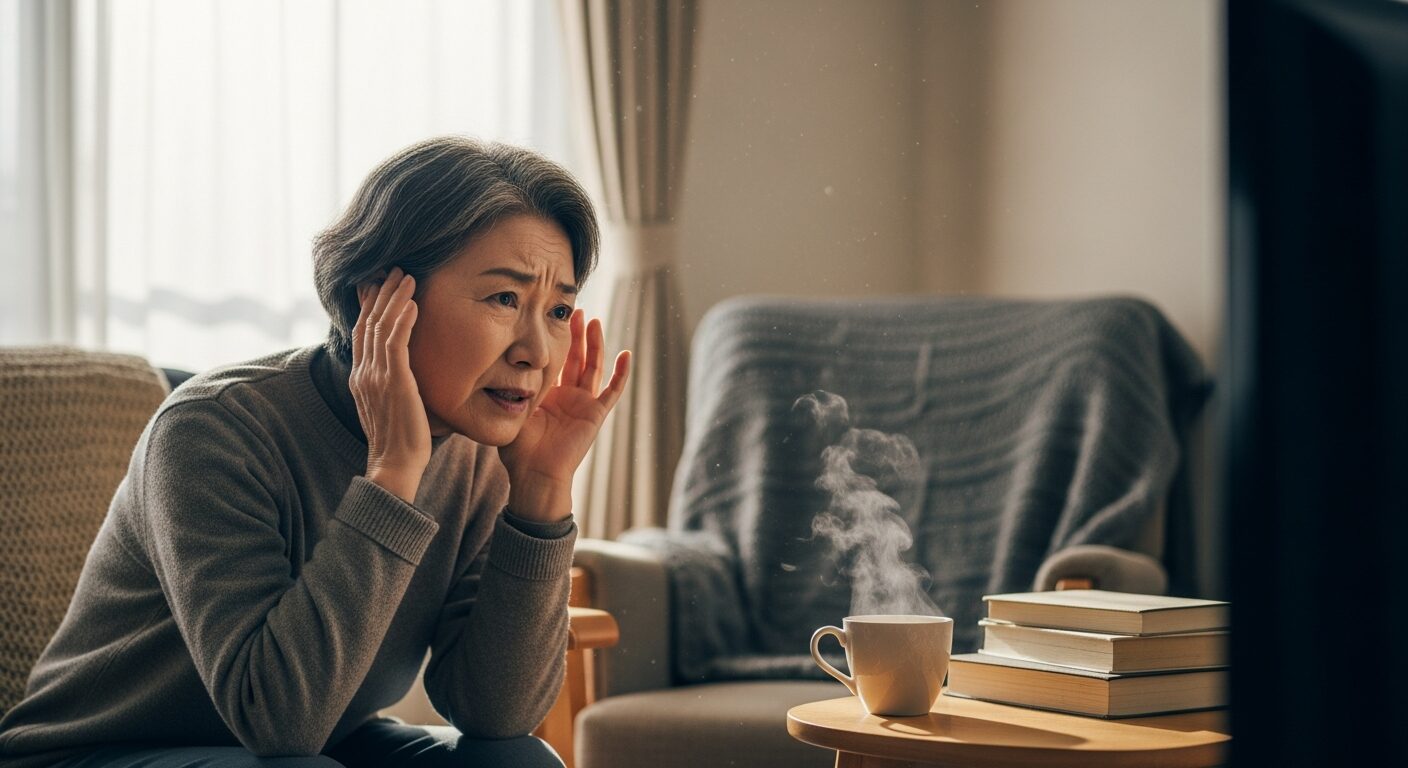 テレビの音を聞き取ろうと耳を傾けるシニア