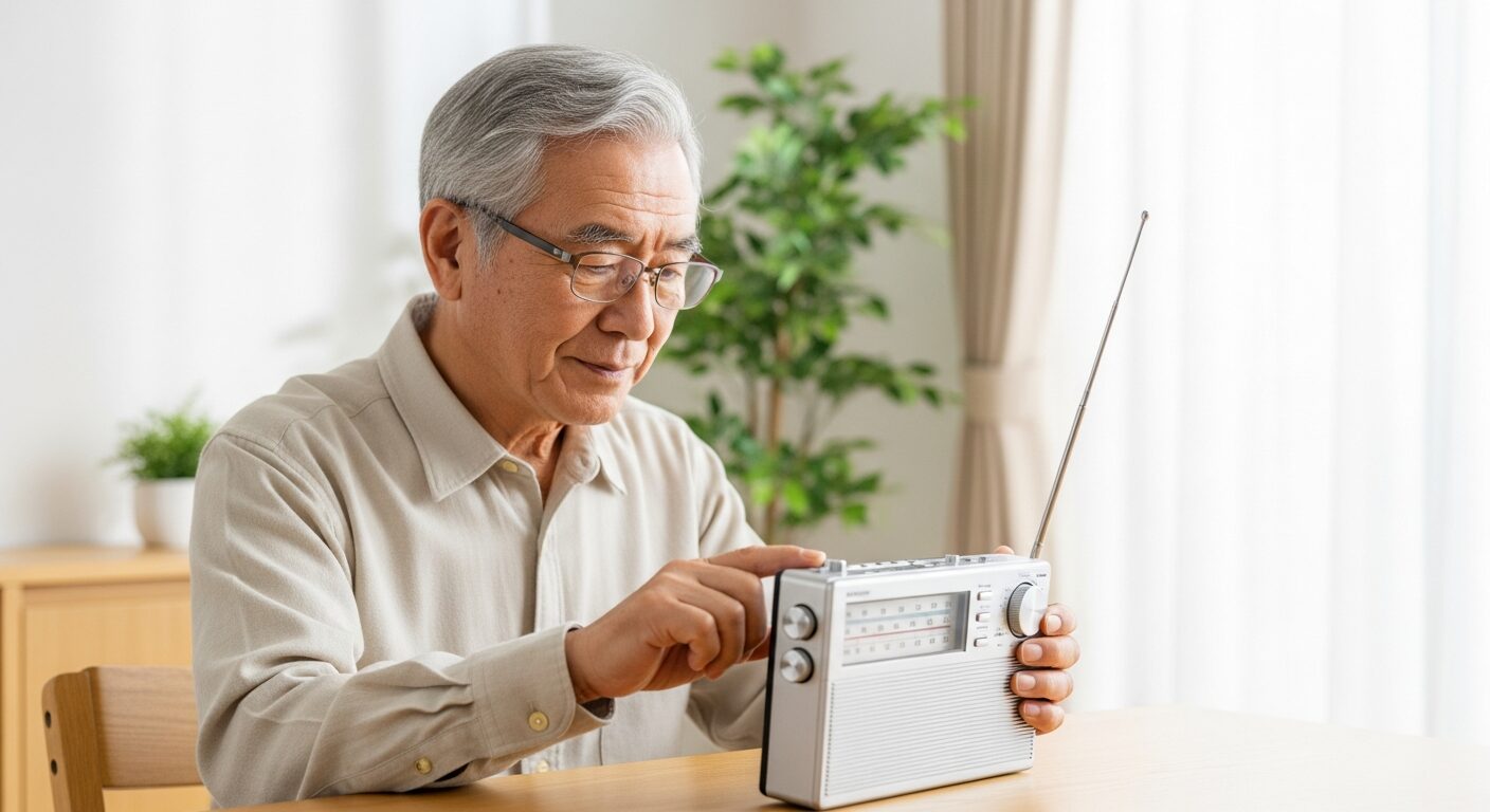 ラジオの目盛りを見ながら選局する高齢男性の様子