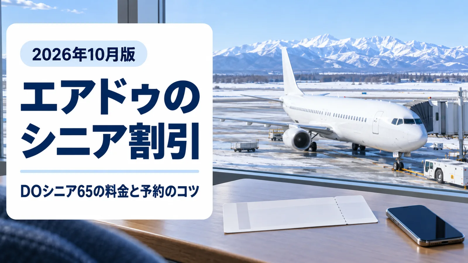 北海道の空港で飛行機を背に笑顔を見せる60代の日本人夫婦