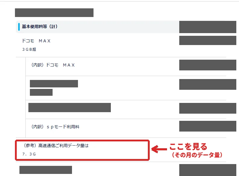 My docomoのご利用料金の内訳にある「(参考)高速通信ご利用データ量」の行