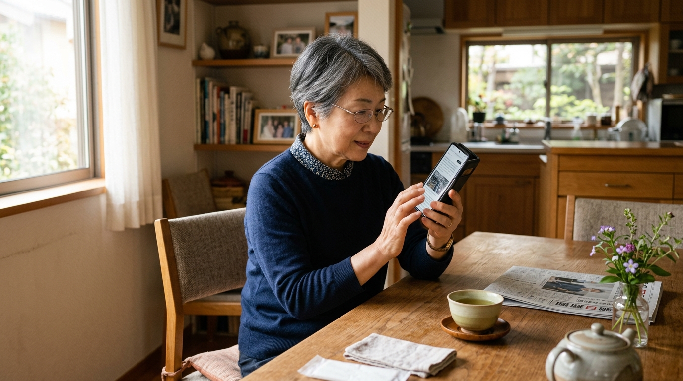 スマートフォンで新幹線の予約画面を確認する日本人シニア女性