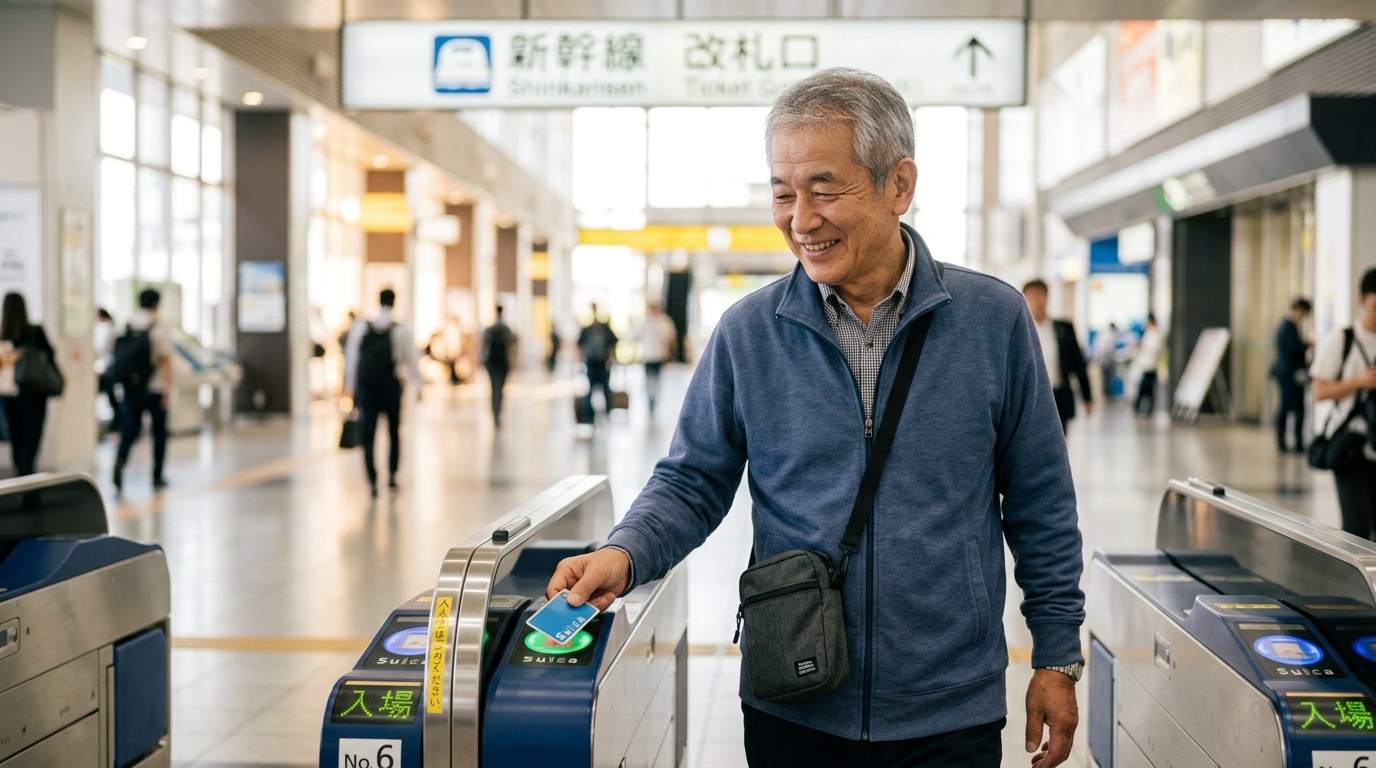 新幹線の改札でICカードをタッチする60代の日本人男性