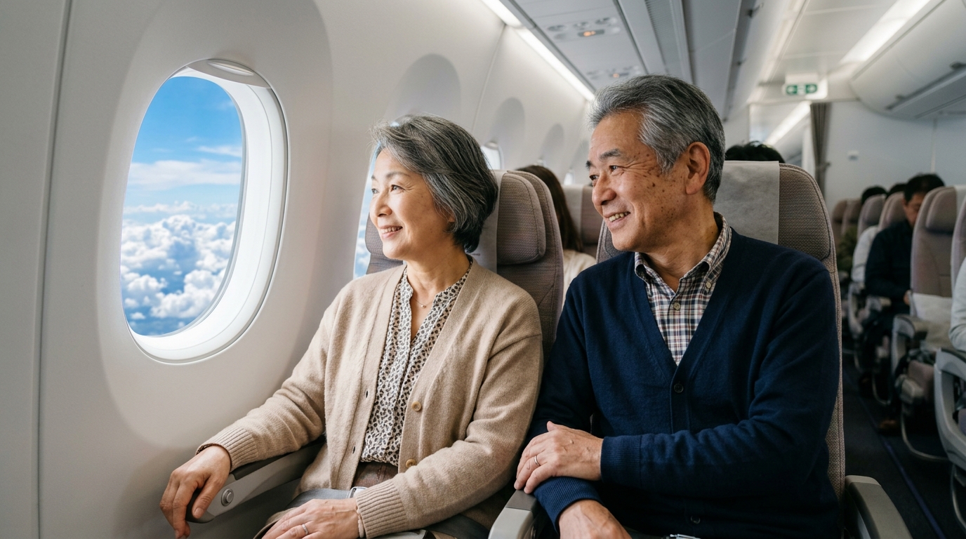 機内の窓側の席で景色を眺めながらくつろぐ60代の日本人夫婦
