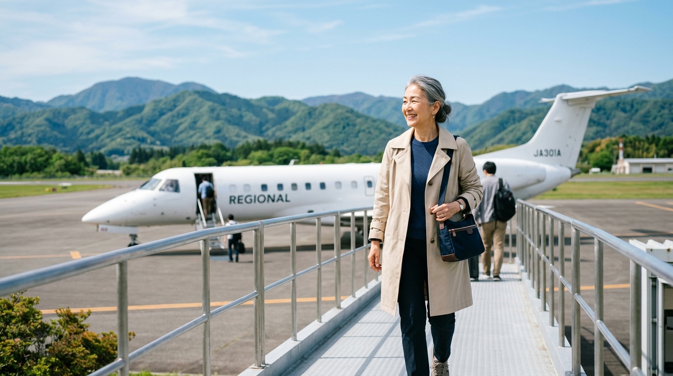 地方空港で小型の飛行機に乗り込む60代の日本人女性