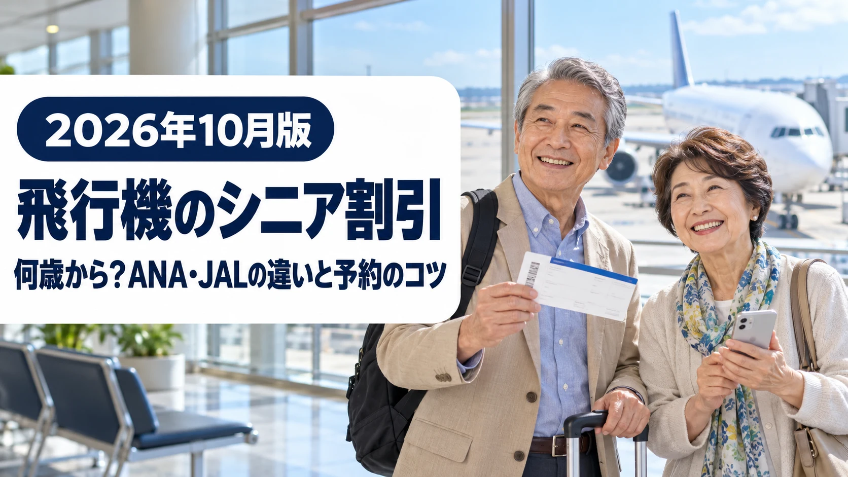 空港の出発ロビーで搭乗券とスマートフォンを手に笑う60代の日本人夫婦