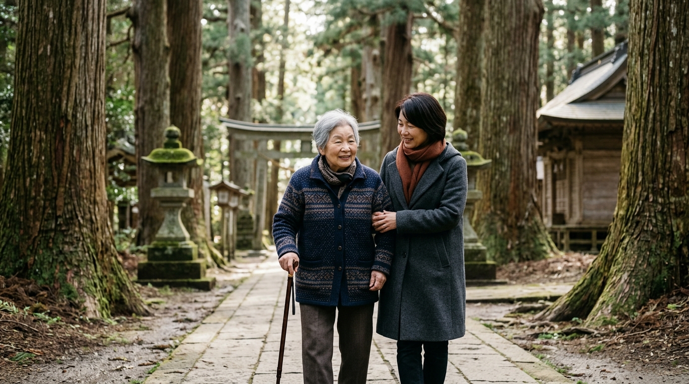 杉並木の参道を杖をついてゆっくり歩く70代の日本人女性と40代の娘