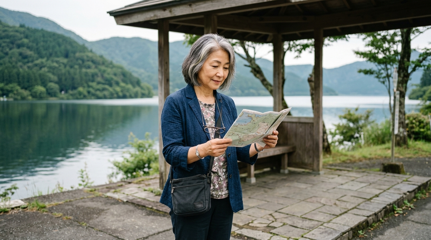 芦ノ湖のほとりのバス停で紙の地図を見る60代の日本人女性