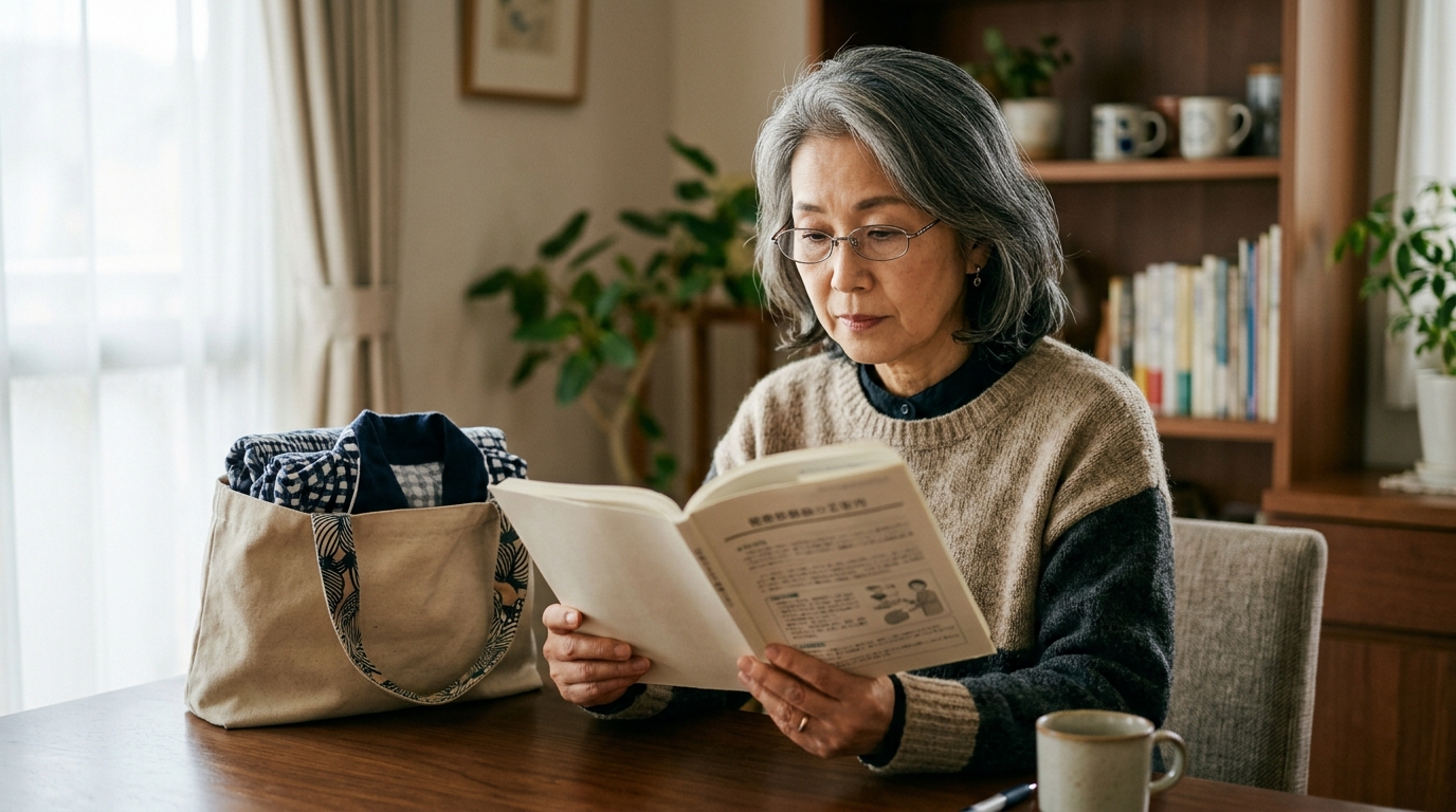 入院案内の冊子を読みながら入院の準備をする60代の日本人女性