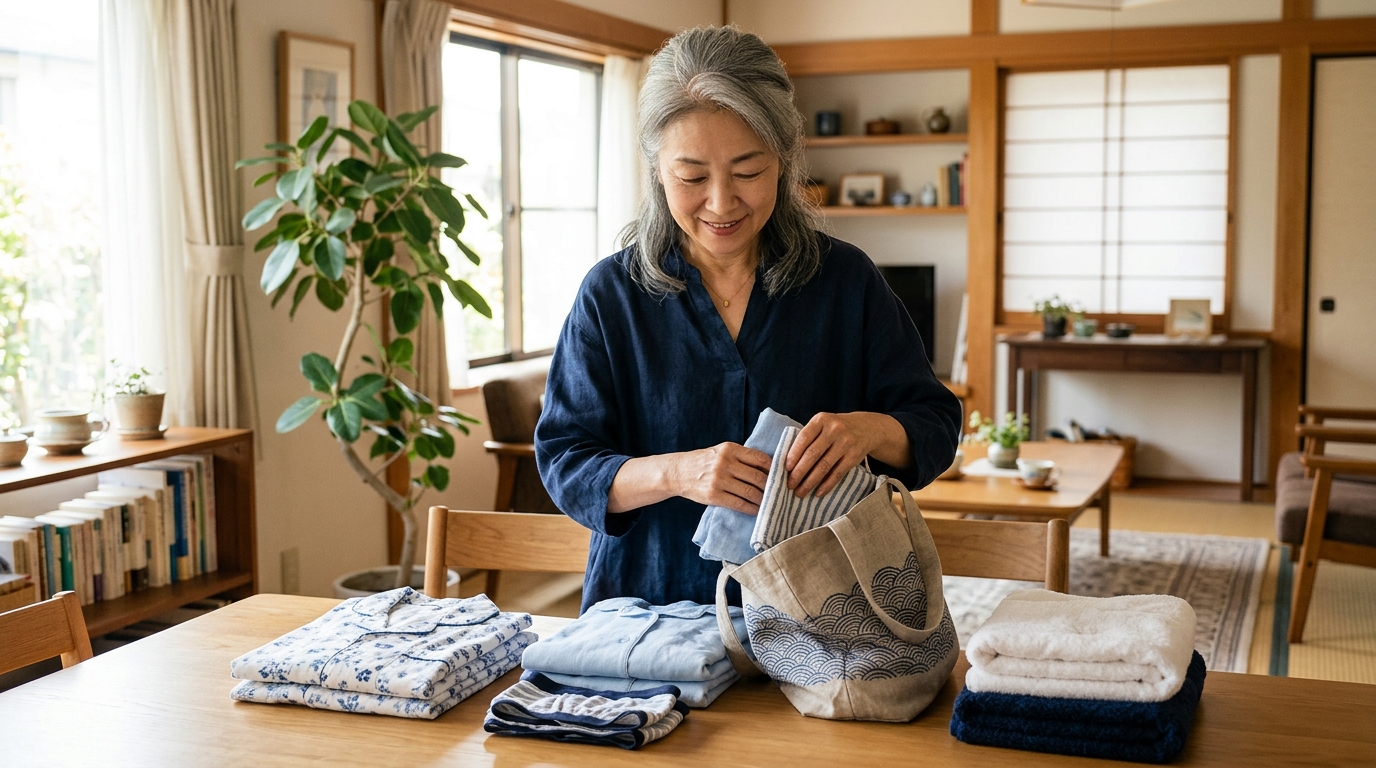 家でたたんだ着替えとタオルを袋に詰める60代の日本人女性
