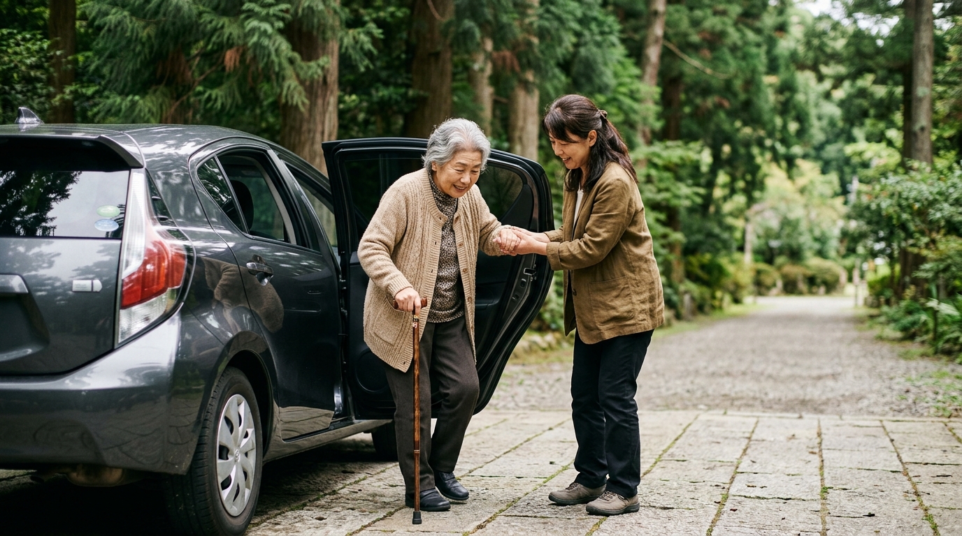 車の後部座席から降りる母親の腕を娘が支えている様子