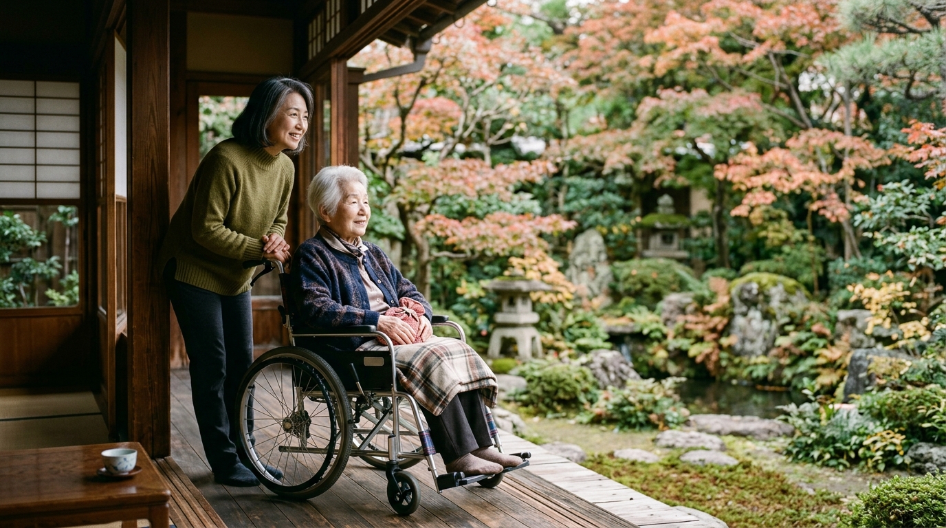 車椅子の母親と娘が和風の建物の縁側から庭を眺める様子