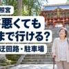 杖をついた母親と娘が古い石段の手すりの前で上る場所を確かめる様子