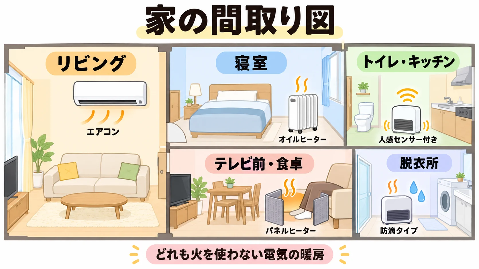 部屋ごとに向く暖房器具を示した家の間取り図