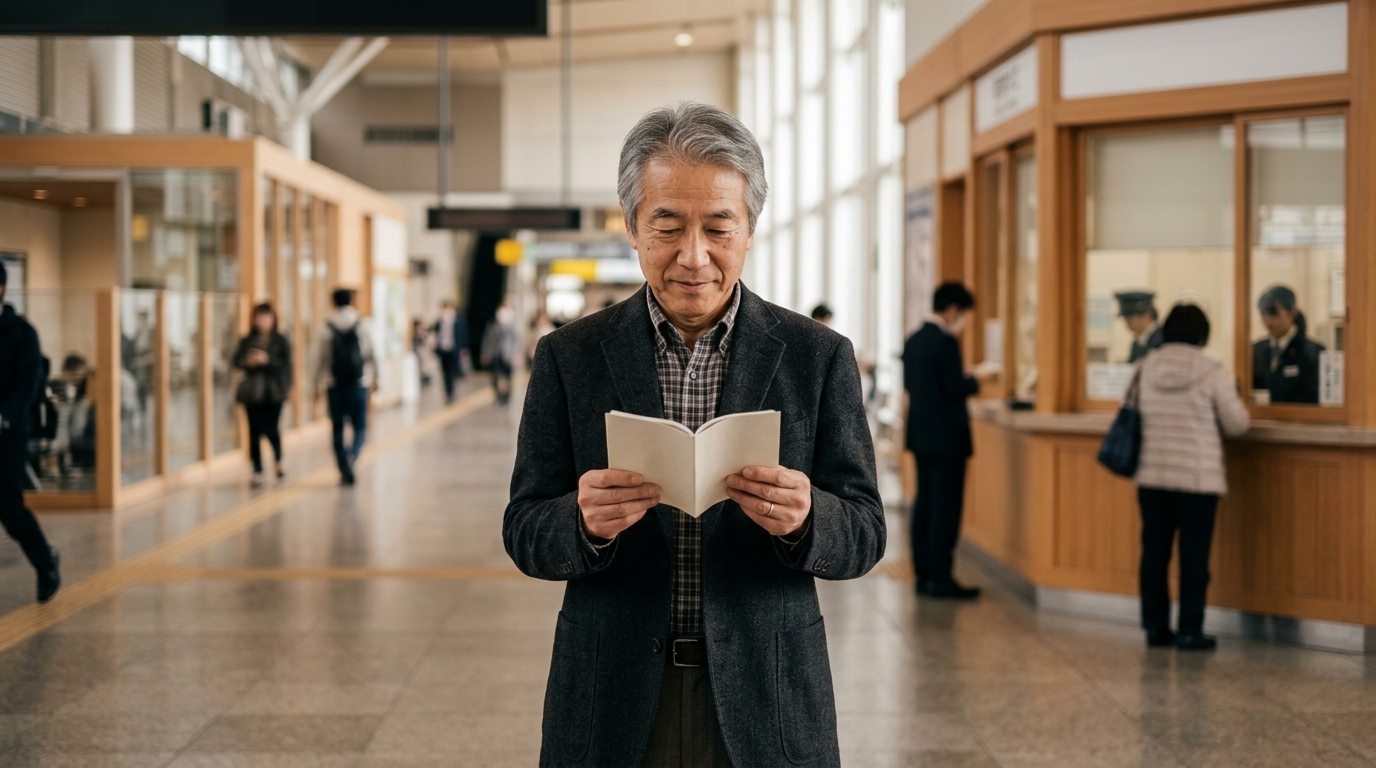 駅の窓口の近くで会員手帳を手にきっぷの買い方を確かめるシニア男性