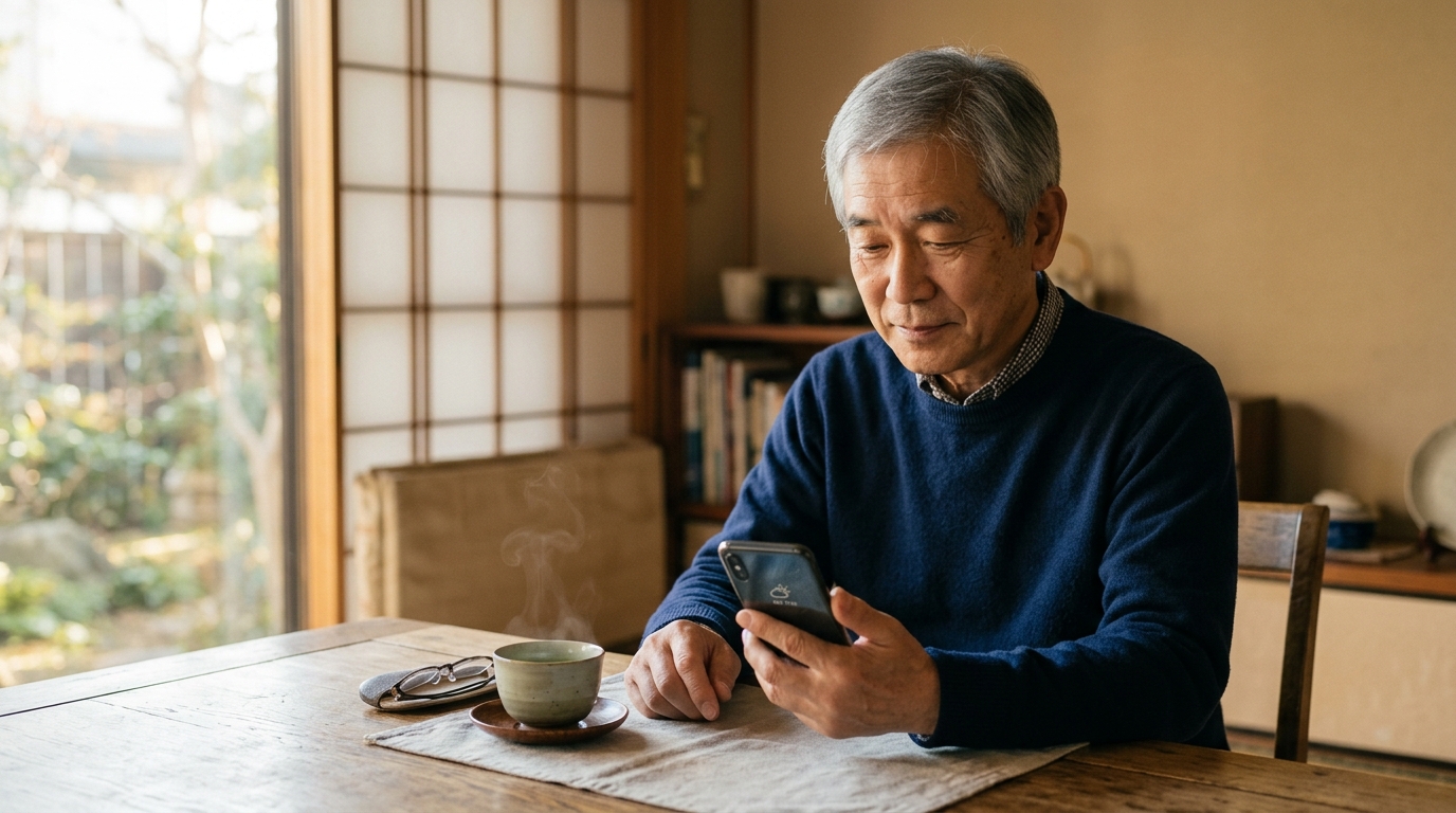 自宅でスマートフォンを見ながら飛行機の予約をする60代後半の日本人男性