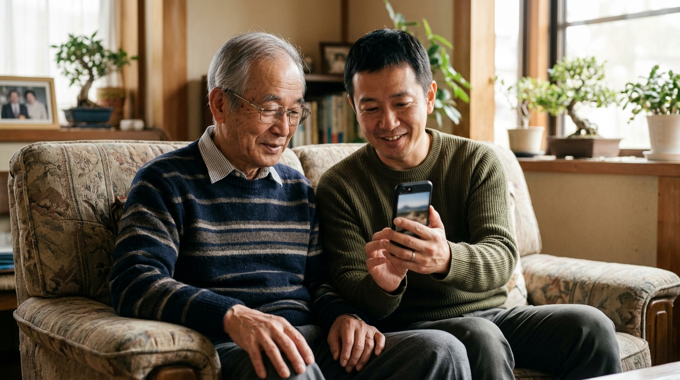 リビングでスマートフォンを一緒に見る70代の父と40代の息子
