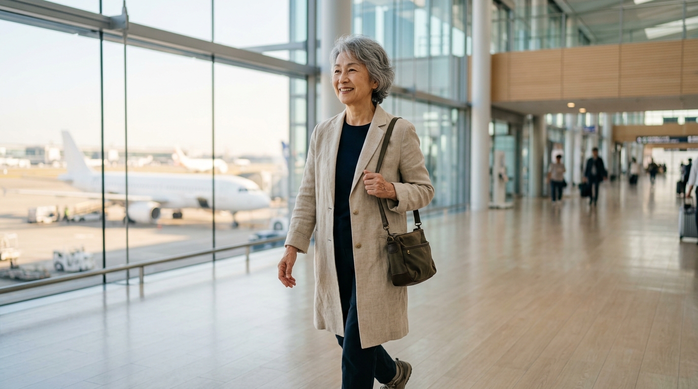 空港の出発ロビーで、窓の外の旅客機を見ながら歩く60代後半の日本人女性