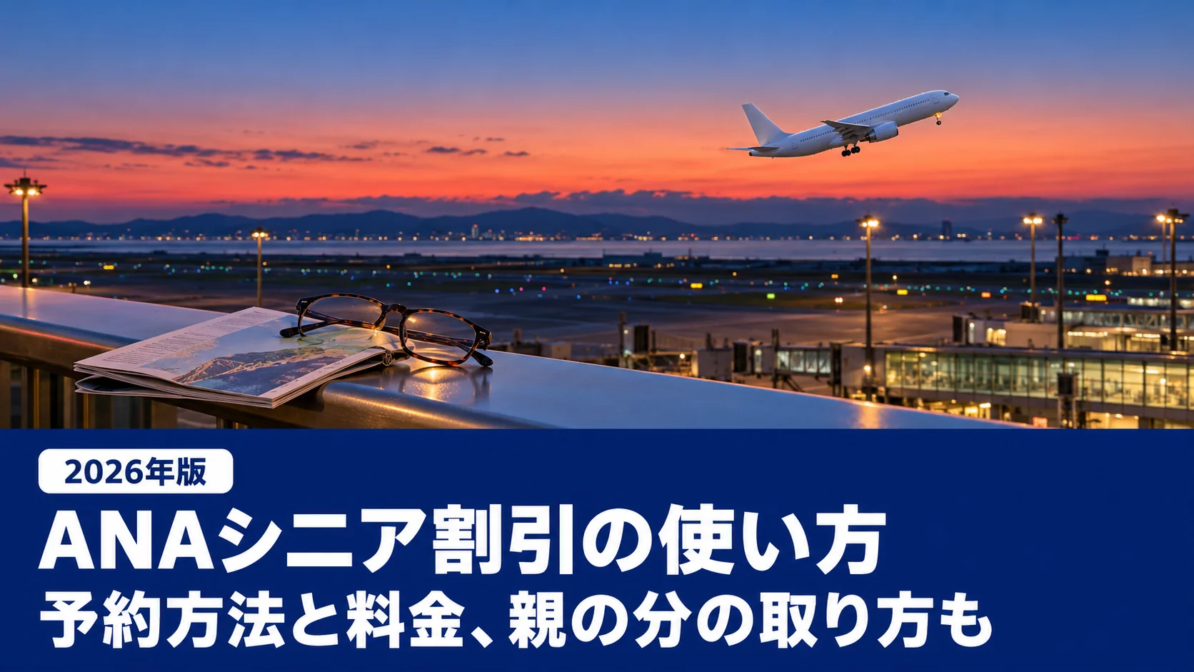 夕方の空港の展望デッキから見える離陸する旅客機と、手すりに置いた搭乗案内と老眼鏡