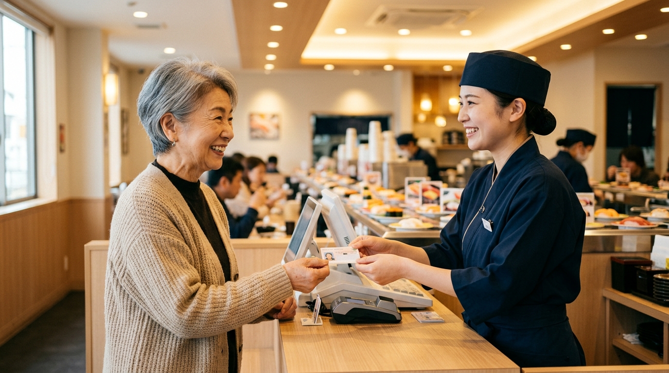 回転寿司店のレジで、身分証を見せてシニアパスを受け取る60代後半の女性