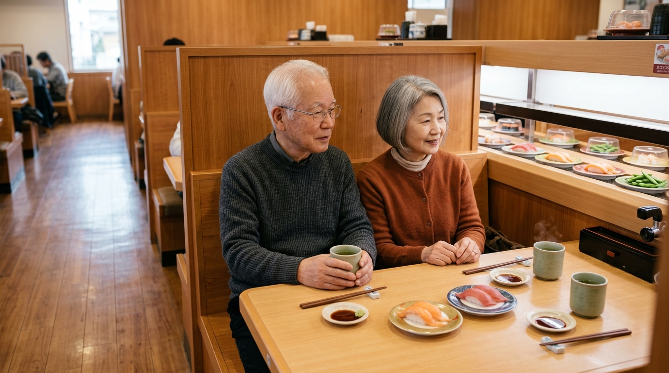 平日の昼に回転寿司のボックス席でくつろぐ70代前半の夫婦