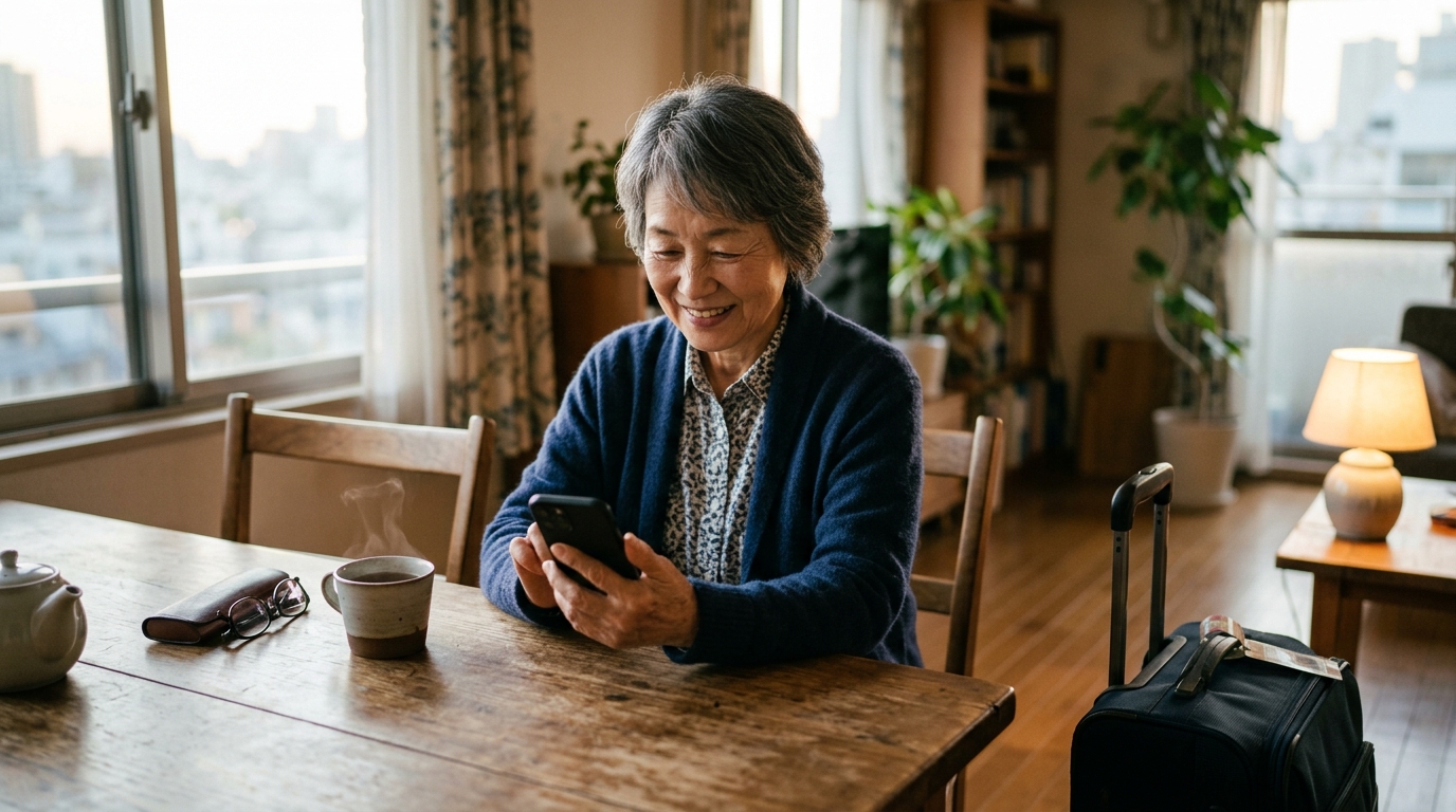 自宅でスマートフォンを見ながら飛行機の予約をする60代の日本人女性