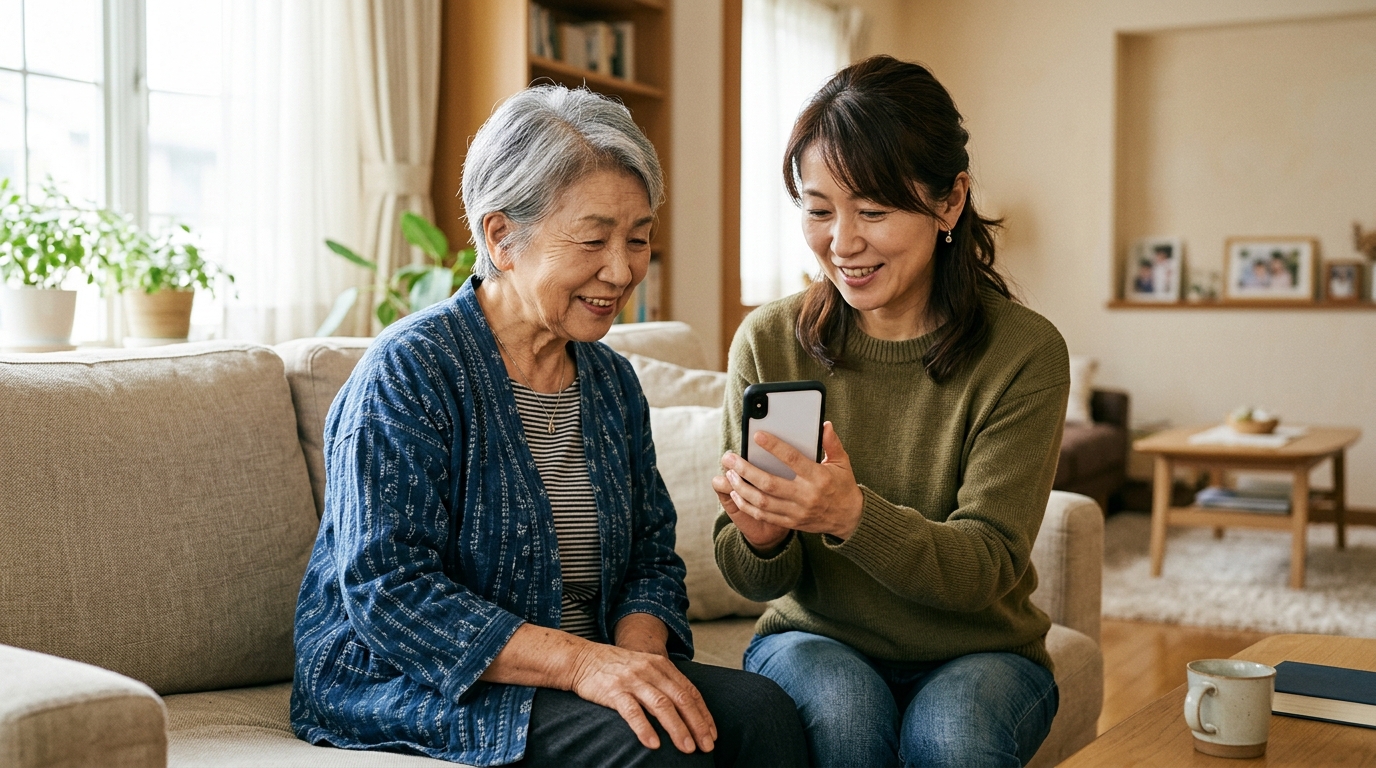 リビングでスマートフォンを一緒に見る70代の母と40代の娘