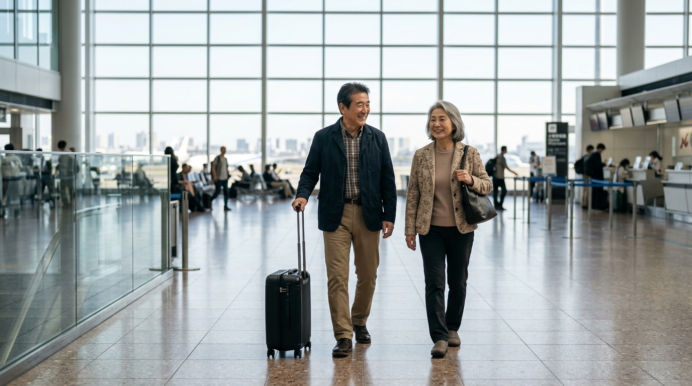 空港の出発ロビーで搭乗口へ向かう60代の日本人夫婦