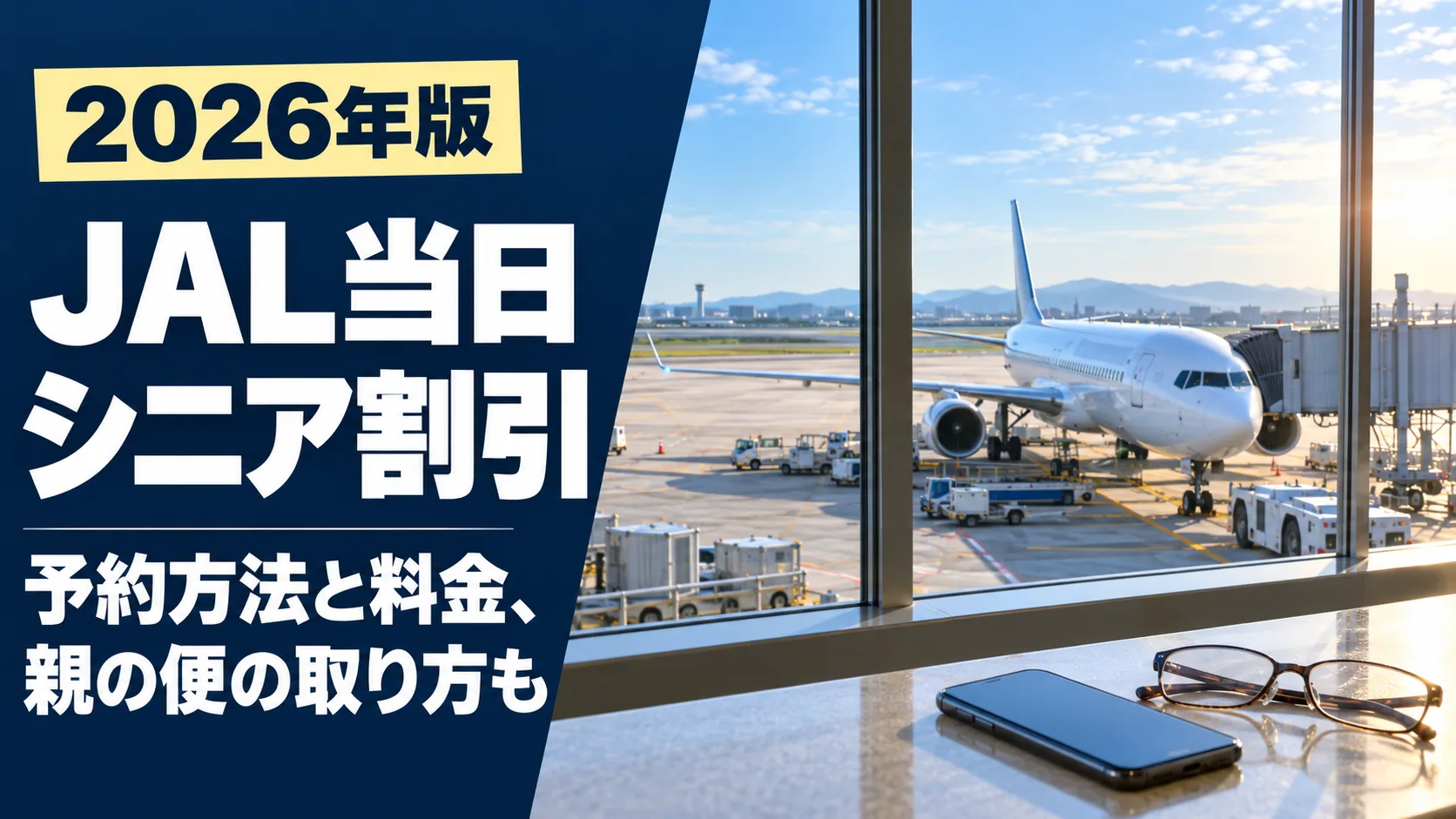 朝の空港の大きな窓の向こうにとまる旅客機と、窓辺に置いたスマートフォンと老眼鏡