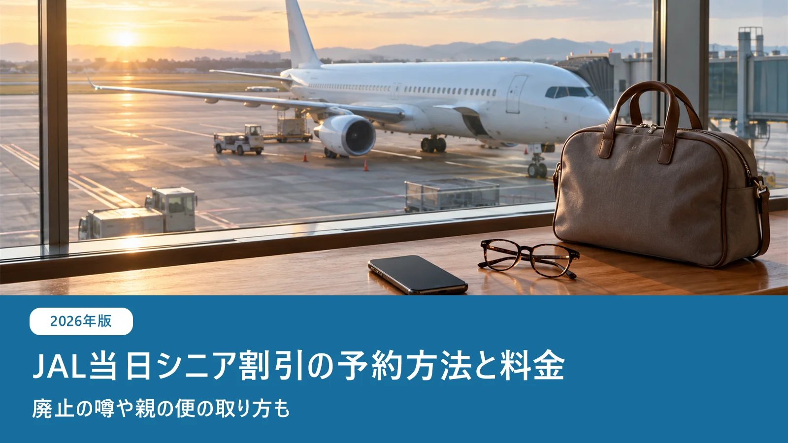 朝の空港の窓から見える旅客機とスマートフォン・老眼鏡を置いたカウンター