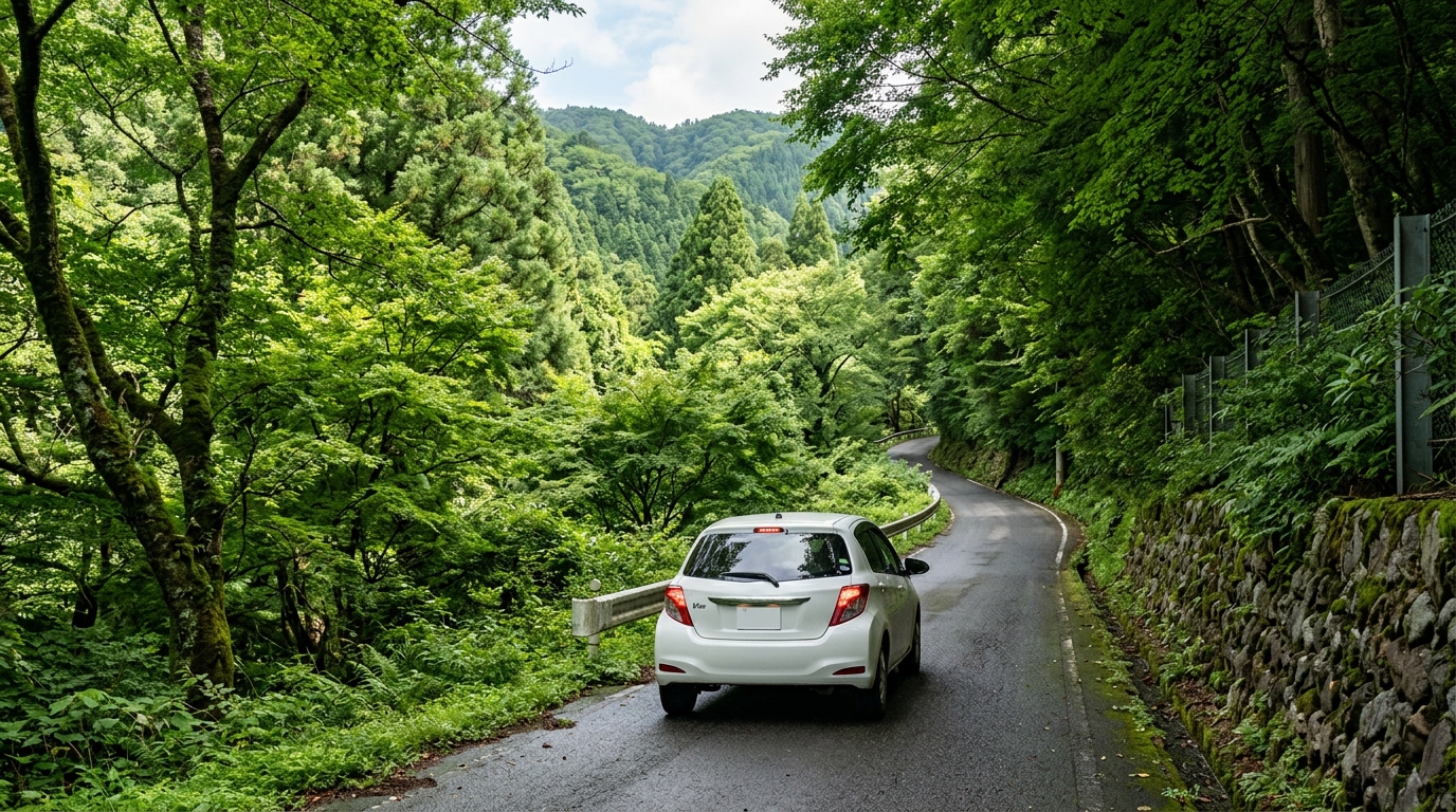 緑の木々に囲まれた細い山道をゆっくり上る白い乗用車