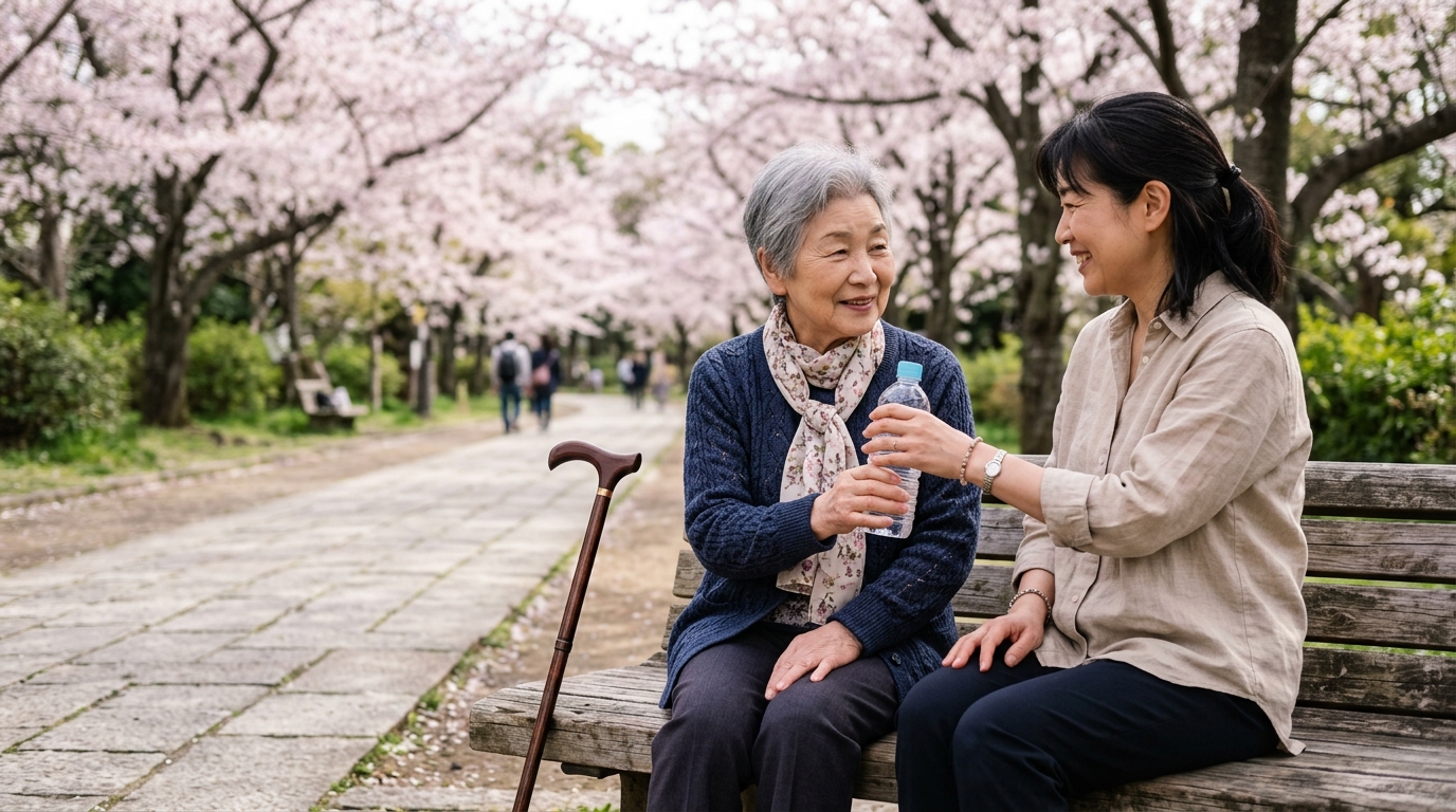 石畳の参道のベンチで休む70代の日本人女性と付き添う40代の娘