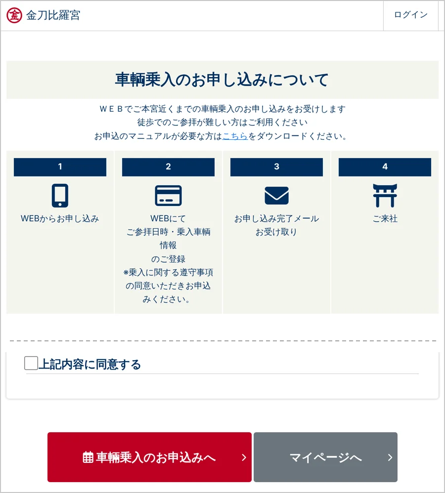 金刀比羅宮の車輌乗入予約サイトのトップ画面と、いちばん下の申し込みボタン