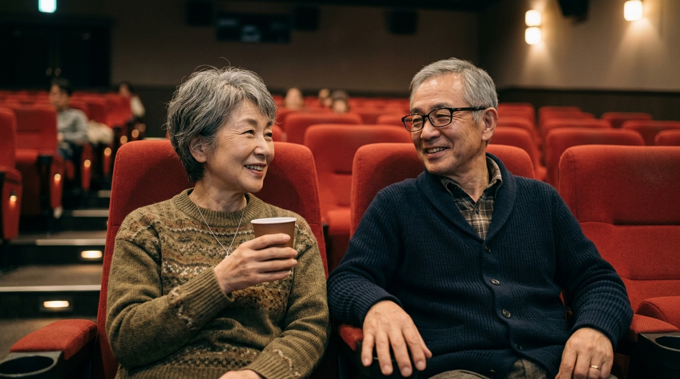 映画館の座席に並んで座り、上映を待つ60代の夫婦