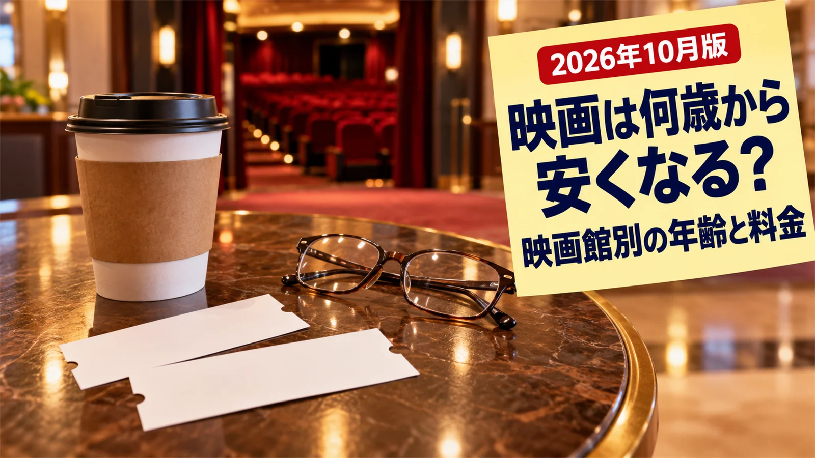 映画館のロビーのテーブルに置いた2枚の紙のチケットと老眼鏡、傾いた付箋に「映画は何歳から安くなる？」の文字