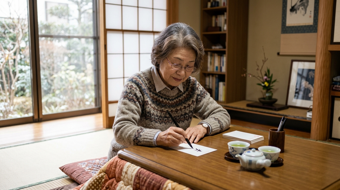 こたつで筆ペンを持ち、年賀はがきに一文を書き足している70代の日本人女性