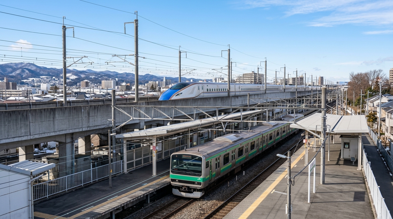 駅のホームに入ってくる新幹線と、ホームの端に止まる普通列車