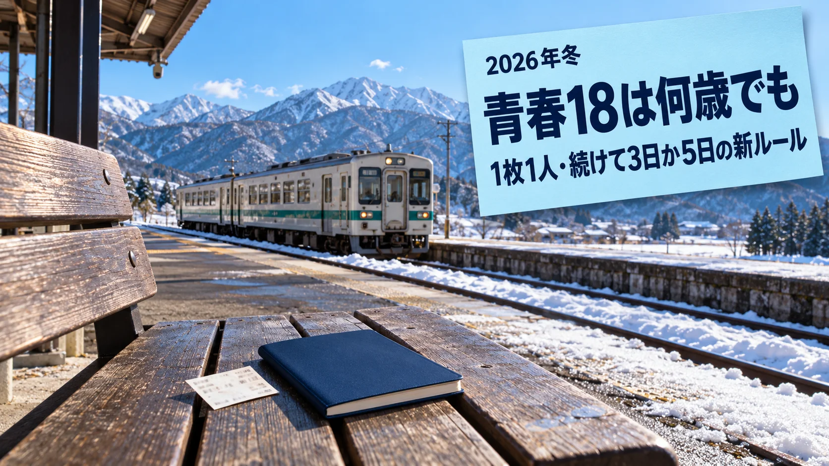 冬の田舎の駅のホームに止まる普通列車と、手前のベンチに置かれた紙のきっぷと手帳