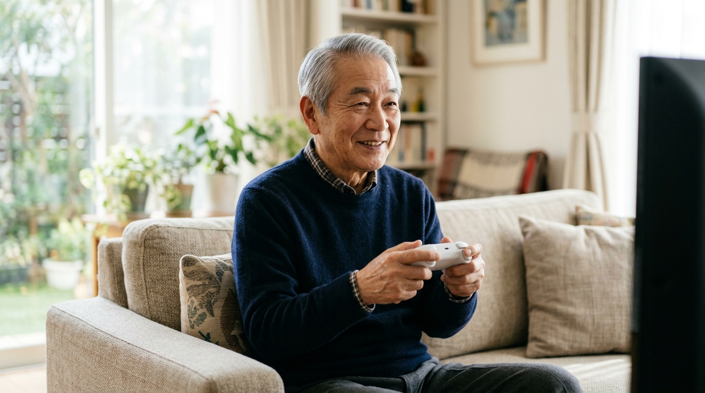 自宅のソファでテレビのゲームを楽しむ70代の日本人男性