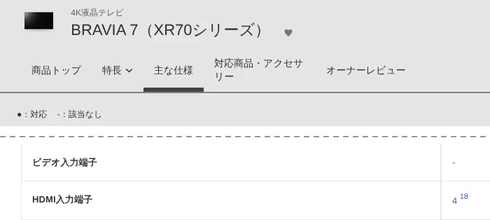 ソニー BRAVIA 7の仕様表でビデオ入力端子が該当なしになっている画面