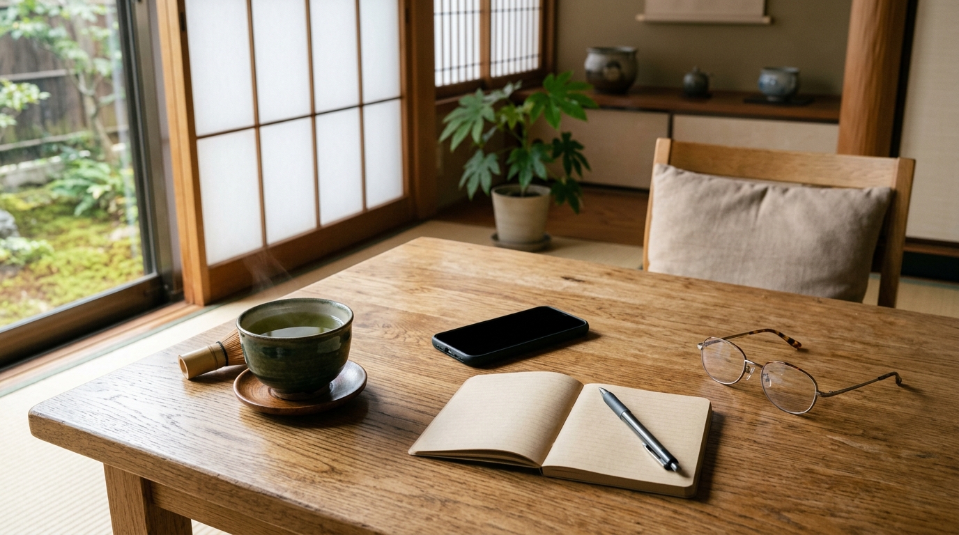 木のテーブルに置いたスマートフォンと手帳、老眼鏡