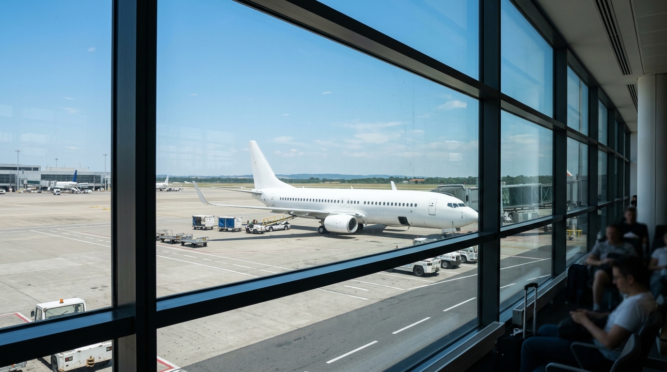 晴れた空港の窓から見える白い旅客機