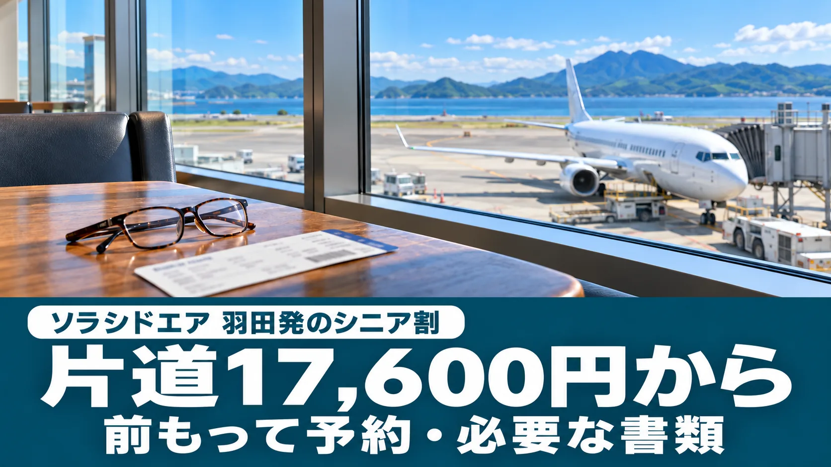 晴れた日の空港の出発ロビーと、大きな窓の向こうの白い旅客機