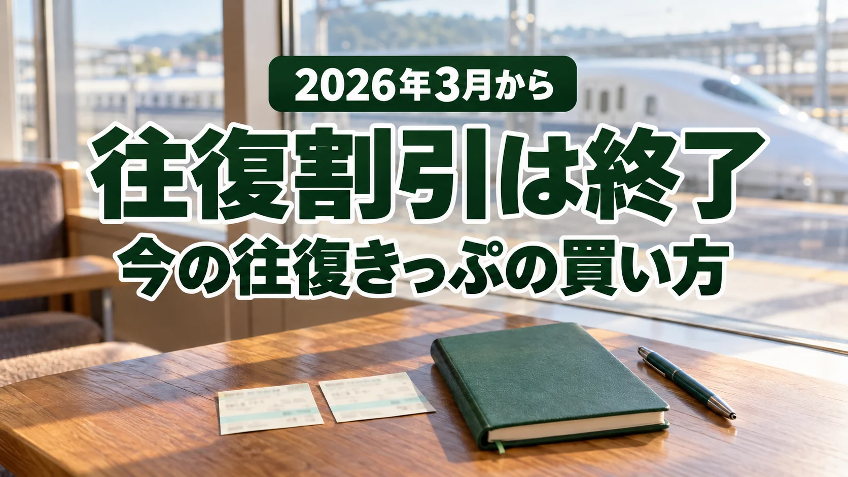 駅の待合室の窓辺のテーブルに置かれた2枚のきっぷと緑の手帳、窓の向こうの新幹線